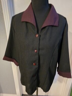 Natalie Womens Black Top with Deep Plum Collar and Cuffs